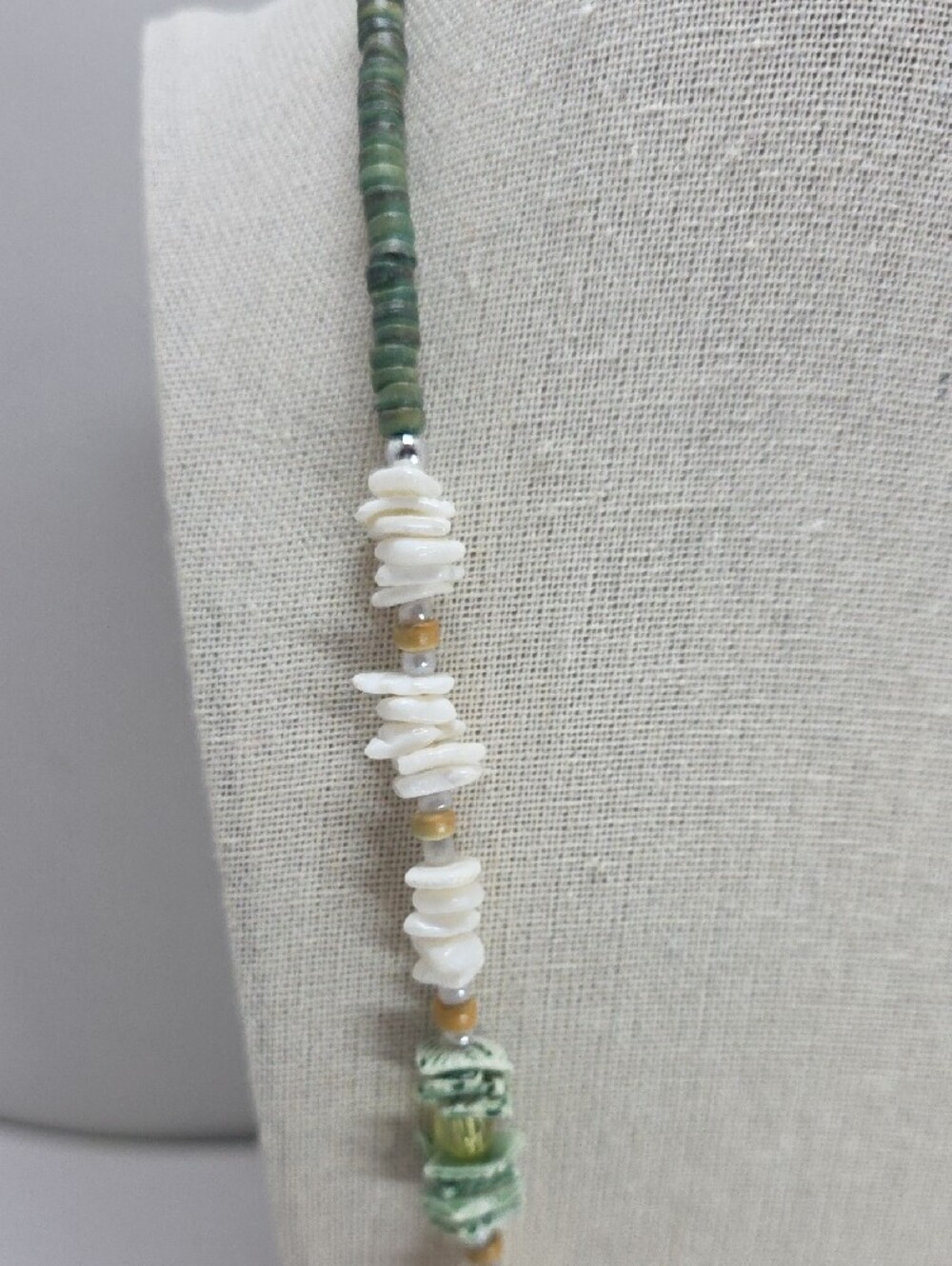 Hand Crafted Green, White and Beige Leaf Pendant Necklace - Picture 2 of 10